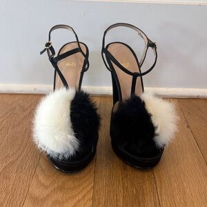 Love Moschino Black and White Satin Women's Heels